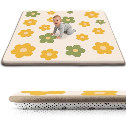 Baby Play Mat for Floor, 1.3-Inch Thickened Foam Soft Padded Playmat for Tummy Time, 71x79 Water-Repellent Coral Velvet Playpen Mat for Toddlers Infant Kids, Floral Prints - color: Beige-Flower, size: 71" X 79"