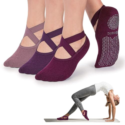 Ozaiic Pilates Socks for Women Non Slip Grip Yoga Barefoot Indoor Workout - color: 3 Pairs-purple/Rose Red/Bean Red