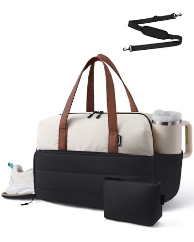LOVEVOOK Small Gym Bag for Women with Tumbler Holder & Shoe Compartment - color: Black White Brown, size: Small-17"