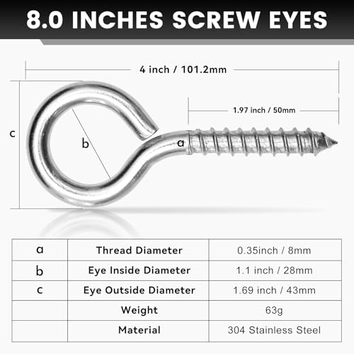 2Pcs Self Tapping Eyelet Screw Eye Bolt，4 Inch Heavy Duty Screw Eyes Hooks ，M8 Wooden Large Screw Eye Hook，Load Capacity 500 Lbs for Hammock ，Yoga，Heavy Indoor Outdoor Uses (2, M8-4 INCH) - size: M8-4 INCH
