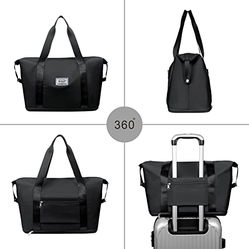 NPBAG Women Travel Duffel, Multi Functional Large Expandable Weekender Carry-on Tote, Gym Workout Overnight Bag, Mommy Hospital Bag for Labor and Delivery - color: Basic-Black, style: Basic Version