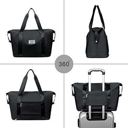 NPBAG Women Travel Duffel, Multi Functional Large Expandable Weekender Carry-on Tote, Gym Workout Overnight Bag, Mommy Hospital Bag for Labor and Delivery - color: Basic-Black, style: Basic Version