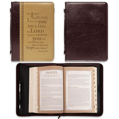 Christian Art Gifts Faux Leather Bible Cover: I Know The Plans, Brown & Tan | XL, Bible Verse, Book Cover, Case, Zipper, Pocket Storage, Pen Loops, Bible Study Supplies, Encouragement Gifts for Men - size: Extra Large