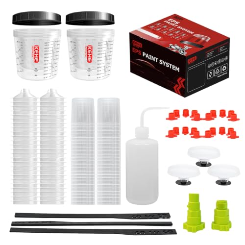 Disposable Paint Cups for Spray Gun 200 Micron,20 Ounce (600ml) Kit with 50 Cups and Lids with Strainer System for HVLP&LVLP,2 Hard Cups with Retainer Ring,20 Plugs,3 Caps,2 Adapters,1 Wash Bottle - size: 20 oz-200 μm-50Pack