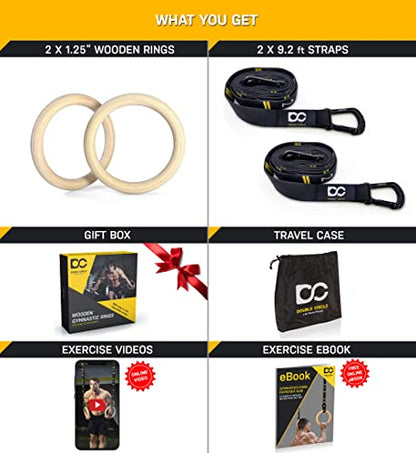 Double Circle Wood Gymnastics Rings with Quick Adjust Numbered Straps and Exercise Videos Guide - Full Body Workout Rings, Calisthenics, Home Gym (Multi-Size) - style: Rings 1.25 Inch