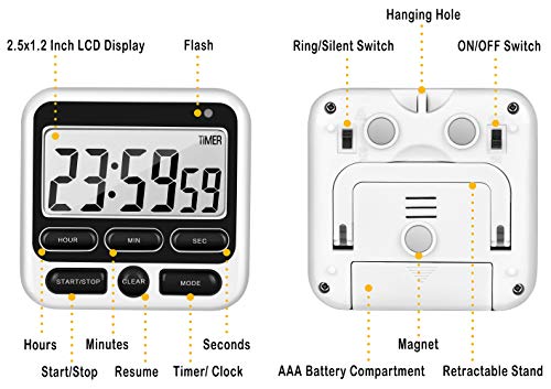 4-in-1 Digital Timer with Count Up/Down, Clock & Alarm, Ring & Silent Modes - color: Black