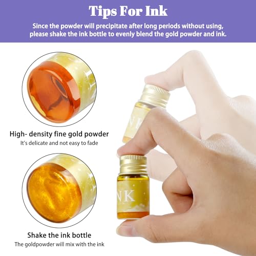 Glass Dip Pen Ink Set, 16pcs Fountain Calligraphy Pens Set, 2 Crystal Signature Glass Pen, 12 Gold Powder Drawing Ink Drip Tool for Art Writing Signatures Beginners Valentines Day Gift