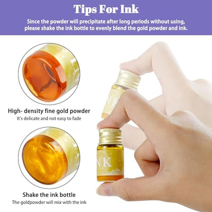 Glass Dip Pen Ink Set, 16pcs Fountain Calligraphy Pens Set, 2 Crystal Signature Glass Pen, 12 Gold Powder Drawing Ink Drip Tool for Art Writing Signatures Beginners Valentines Day Gift