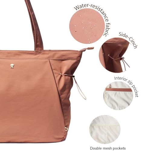 ESVAN Yoga Tote Bag for Women Shoulder Bags Drawstring for Office Workout Travel Carryall Pilates Gym and Beach - color: Pinklish Brown
