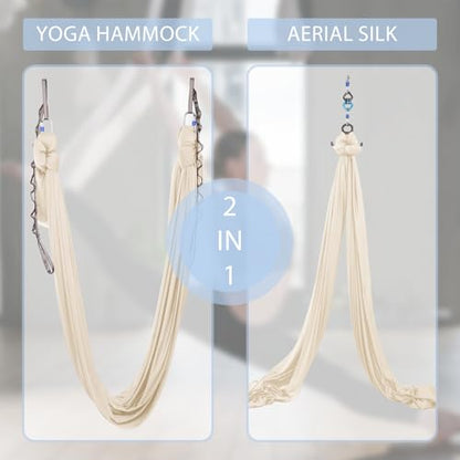 Aerial Silks Yoga Swing Set, Fitness Aerial Yoga Kit | Anti-Gravity Flight Aerial Yoga Hammock Kit; Low/Non Stretch Nylon Tricot Fabric; For Fitness & Dance; Hardware Included - color: Champagne