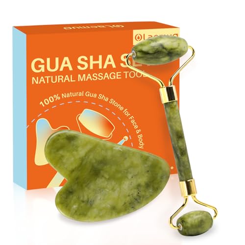 Jade Gua Sha and Face 롤러, 리얼 제이드 과샤 세트 그린 - color: 초록색.