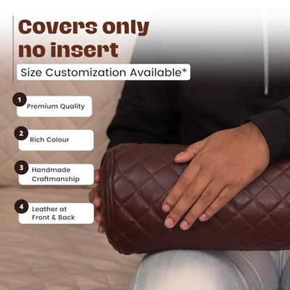 Neck Roll Pillow Cushion Cover, 24x6 Inch Full Moon Round Bolster Pillow Case, Cylinder Soft Lambskin Leather Pillowcase for Head, Spine & Neck Support During Sleep - Quilted Dark Brown Pack of 1 - color: Quilted Dark Brown Pack of 1