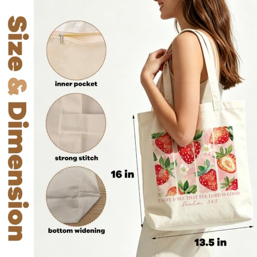 VICBOU Christian Canvas Tote Bag for Women Girls Birthday,Shoulder Bag with Pocket for Grocery Shopping Beach - color: Strawberry
