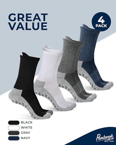 Pembrook Non Slip Crew Grip Socks Men & Women - 4 Pairs | Non Slip Socks for Elderly, Hospital, Pilates, Yoga, Barre, Home - color: Black, White, Gray, Navy - 4 Pairs, size: Large