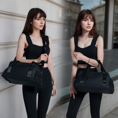 Bucosd Small Gym Bag for Women, Mini Crossbody Gym Duffle Bag with Wet Compartment, Carry on Gym Tote Bag for Workout Dance Sport Travel (Medium-Black) - color: Medium-Black, size: Medium