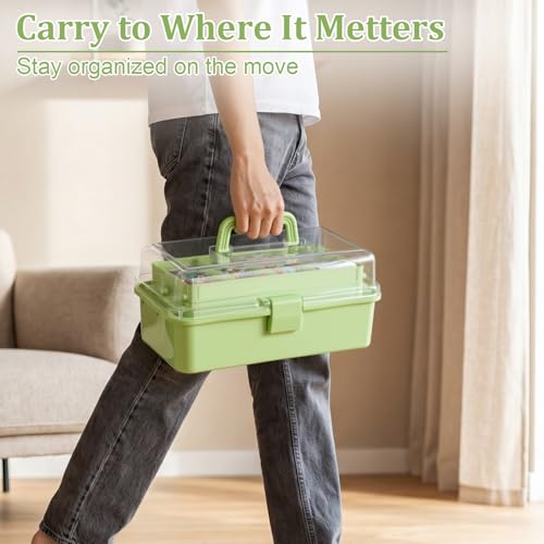 BTSKY 3-Layer Foldable Craft Organizer, Portable Tackle Box with Handle & Adjustable Dividers, Multi-Purpose Toolbox for Art Supplies, Sewing, Medicine, 12.2x6.7x5.7 Inch, Light Green - color: Light Green