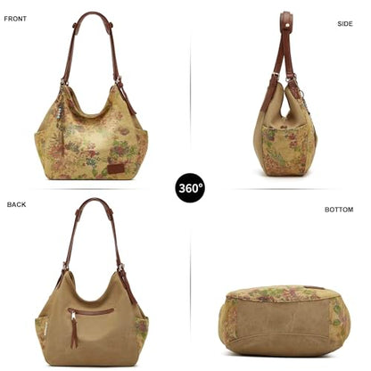 Worldlyda Women Canvas Hobo Purse Multi Pocket Tote Shopper Shoulder Bag Casual Top Handle handbag with Embroidery Ethnic - color: Be06brown Pattern 2