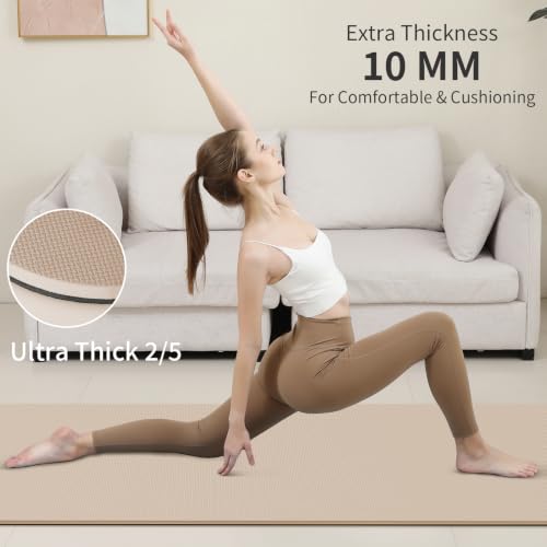 PAIDU POE Yoga Mat （10mm）Extra Thick Fitness Mat 72"x24" with Carry Strap | Non-slip, tear-resistant and suitable for all ages, perfect for yoga, Pilates, home gym and full-body workouts. - color: Beige+Black.
