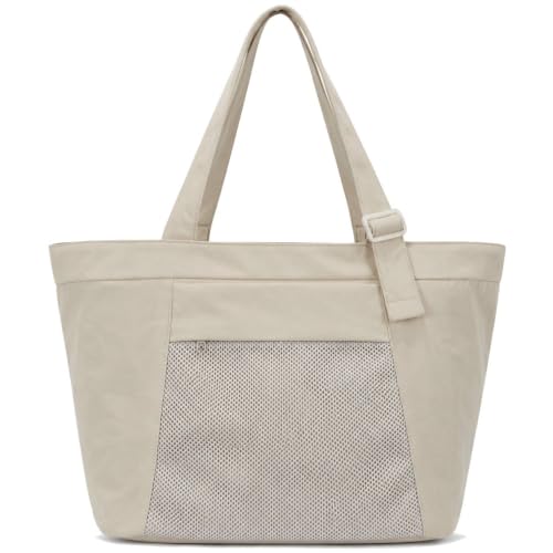 Travel Tote Bag for Women, Large Nylon Bag with Yoga Mat Strap and Luggage Sleeve,Shoulder Bag for Daily Use - color: Beige
