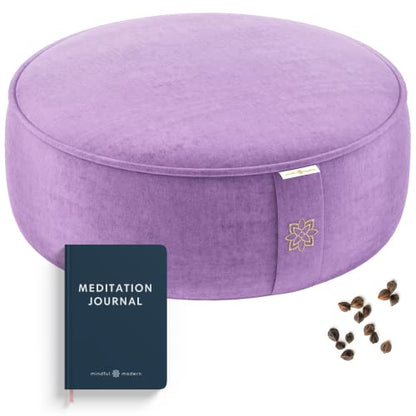 Mindful Modern Velvet Meditation Cushion | Luxe Zafu Yoga Floor Pillow Seat | Posture Support | Buckwheat Hull Filled | Large Round Cushion with Removable Washable Cover + Carry Handle - color: Dusty Violet