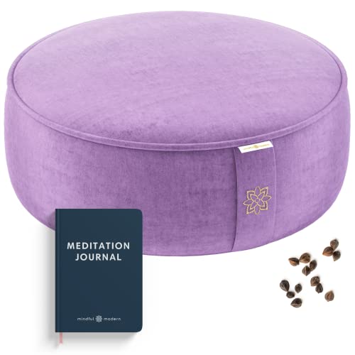 Mindful Modern Velvet Meditation Cushion | Luxe Zafu Yoga Floor Pillow Seat | Posture Support | Buckwheat Hull Filled | Large Round Cushion with Removable Washable Cover + Carry Handle - color: Dusty Violet