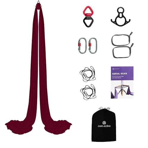 Aerial Silks Yoga Hammock Kit, 11 Yards, Hardware and Swivel | Knitted fabric with swivel and guide, portable carry bag included, for aerial yoga, gymnastics and home gym practice - color: Plum