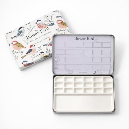 Bower Bird Travel Ceramic Watercolor Palette with Porcelain Mixing Tray, Metal Tin Box, White, Portable, 5.5x3.7x0.66 Inches (18Well)