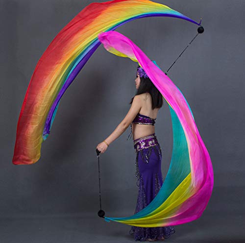 KIKIGOAL 2pcs 2.5x0.9M/98.43"x35.43" Multi-Color Dance Silk Veil Poi - color: pink yellow blue, size: 2.0x0.9M/78.74"x35.43"