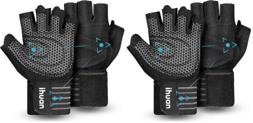 ihuan Ventilated Weight Lifting Gym Workout Gloves with Wrist Wrap Support for Men & Women, Full Palm Protection, for Weightlifting, Training, Fitness, Hanging, Pull ups - color: Black, size: Medium (Pack of 2)