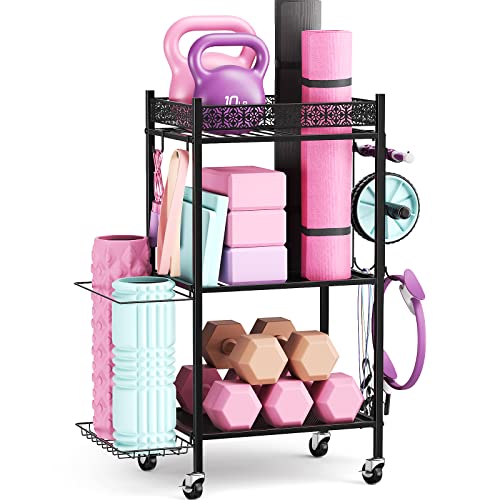 VOPEAK Home Gym Storage Rack, 3-Tier Yoga Mat Storage with Wheels & Hooks | 200 lbs steel rack with lockable casters & side hooks. 3-tier fits yoga mats & dumbbells — 10-min assembly - color: BLACK