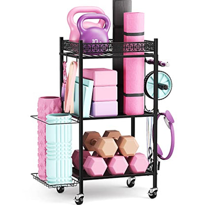 VOPEAK Home Gym Storage Rack, 3-Tier Yoga Mat Storage with Wheels & Hooks - color: BLACK