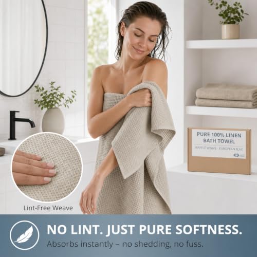 Pure 100% Linen Bath Towel - 30x60-inch Waffle Weave Hair Towel Quick Dry - color: Natural Linen, size: Bath Towel