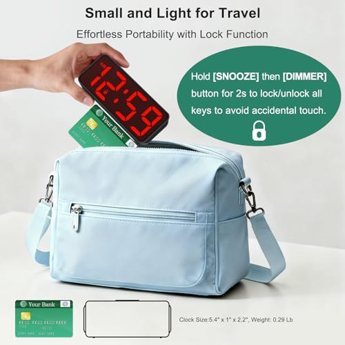 Peakeep Small Battery Powered Digital Alarm Clock | Cordless Home Travel Portable, 1.65" Large Numbers Auto Brightness, LED Display 4 Dimmers, 5 Volumes - color: Red Digits