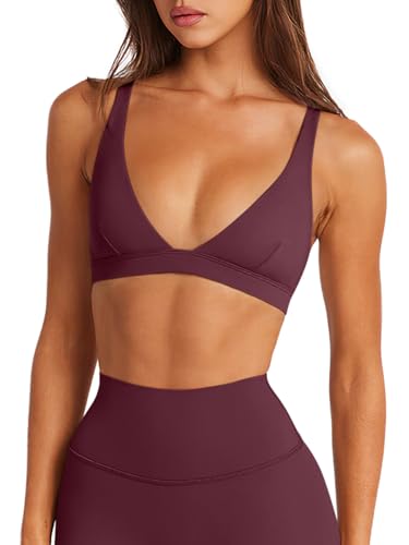 LASLULU Womens Deep V-Neck Sports Bra Padded Low Impact Yoga Workout Bra - color: Wine Red, size: X-Small