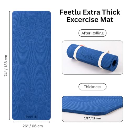Extra Thick 12mm Exercise Mat – 74"L x 26"W Inch, Non-Slip, Joint-Friendly & Cushioned Fitness Mat for Yoga, Pilates & Floor Workouts – Durable, Supportive & Includes Feetlu Classic Strap - color: Navy Blue & Gray