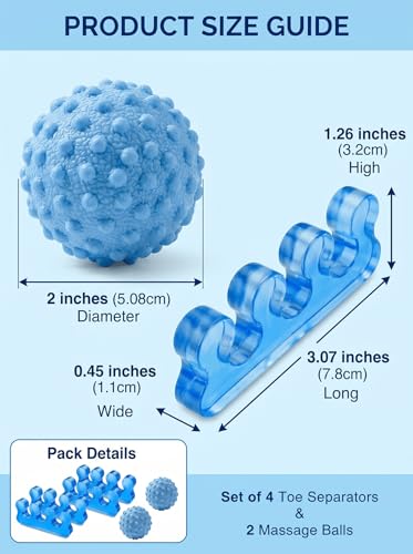 4-Piece Toe Spreaders and Foot Massage Ball Kit | 2 Pairs Gel Toe Stretchers & 2 Spiky Massage Balls for Bunion Relief, Plantar Fasciitis, Foot Pain(Blue) - color: Blue