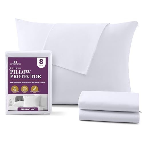 CirclesHome Pillow Protectors 8 Pack Queen Zippered - 100% Cotton Breathable Pillowcases - Protects Pillows from Dirt, Dust and Debris (Queen- Set of 8 - 20x30) - color: 1 - White, size: Queen (20 x 30 inches) - Set of 8