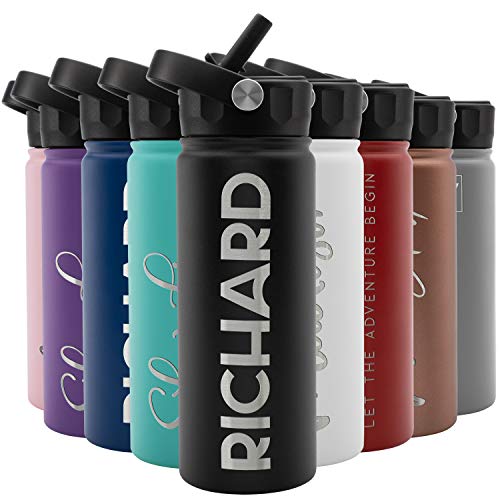 Amazing Items Personalized Water Bottle w/Straw & Lid, 18 oz - Black | Custom Stainless Steel Sports Water Bottle w/Name and Text - Double Wall, Vacuum Insulated - Rotating Handle - color: Jet Black, size: 18 Ounces