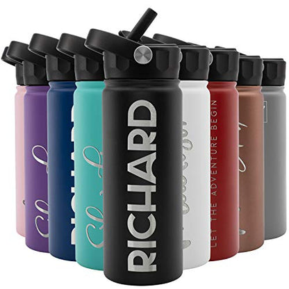 Amazing Items Personalized Water Bottle w/Straw & Lid, 18 oz - Black | Custom Stainless Steel Sports Water Bottle w/Name and Text - Double Wall, Vacuum Insulated - Rotating Handle - color: Jet Black, size: 18 Ounces