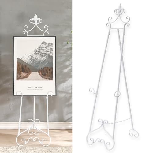 60” H White Easel Stand for Sign Metal Adjustable | Large Display Standing Heavy Duty for Displaying Pictures Wedding Poster Holder Showcasing with Chain Support - color: Scrollwork Floral Top-WHITE