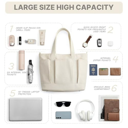 G4Free Large Canvas Tote Bag for Women with Zipper Fit 15.6" Laptop, Everything Tote Bags with Pockets for Work, Travel - color: Beige