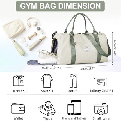 Gym Bags for Women Men with Shoes Compartment,Sports Duffle Bags Personal item travel Duffel Tote Bag Small Carry on Weekender Overnight Bag Workout Dance Bag Hospital Holdalls Beige Green - color: A14-Beige&Green