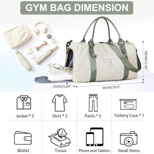 Gym Bags for Women Men with Shoes Compartment,Sports Duffle Bags Personal item travel Duffel Tote Bag Small Carry on Weekender Overnight Bag Workout Dance Bag Hospital Holdalls Beige Green - color: A14-Beige&Green