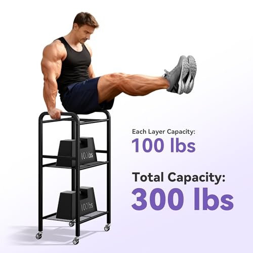 Heavy-Duty Home Gym Storage Rack with Hooks, Wheels, Workout Gear, 3-Tier