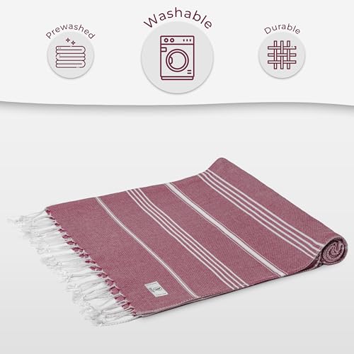 Ossano Turkish Beach Towel Lightweight & Striped Extra Large (39" x 71") - Quick Dry, Versatile and Functional as Bath, Yoga Mat, Gym Towel, Travel Blanket, Picnic Blanket - Burgundy - color: Burgundy