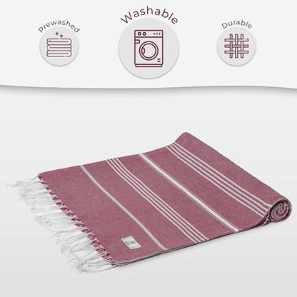 Ossano Turkish Beach Towel Lightweight & Striped Extra Large (39" x 71") - Quick Dry, Versatile and Functional as Bath, Yoga Mat, Gym Towel, Travel Blanket, Picnic Blanket - Burgundy - color: Burgundy