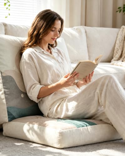 Large Floor Cushion 22x22x5", Tufted Meditation Cushion, Washable Cover - color: Beige