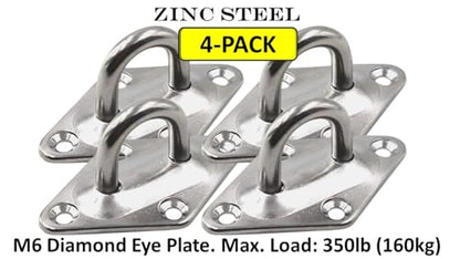 Heavy Duty Hammock Kits & Ceiling Hook Diamond Pad Eye Plates, 304 Stainless Steel & Black Zinc Galvanized Steel Corrosion Resistant, 2, 4 & 8 Packs - color: 4-Pack-Zinc-M6