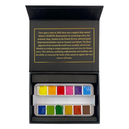 Charvin Extra-Fine Watercolor Pan Set, Primary - Handmade Box Set of 12 Half-Pans - Professional Watercolor Paint Set, Made in France, Smooth Shellac-Like Finish, Glossy & Highly Transparent Pigment - color: Primary