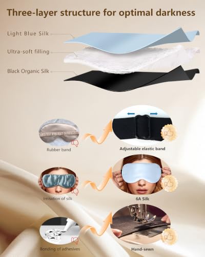 Silk Sleep Mask for Women and Men - Soft Lightweight Breathable Organic Mulberry Silk Blackout Lightproof Eye Mask with Adjustable Straps No Pressure for Travel Office Nap and Gifts (Light Blue) - color: Light Blue